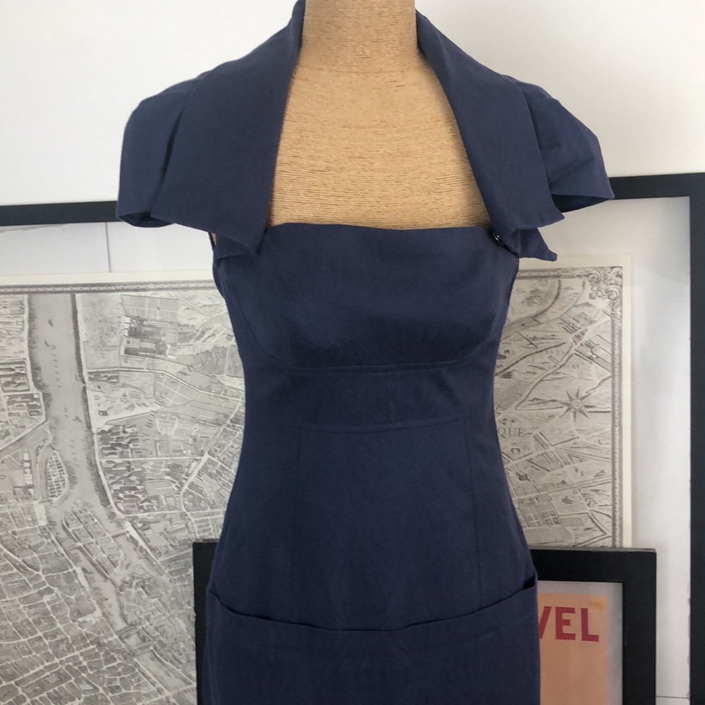 Lela Rose Navy Blue Sheath Midi Dress with Square Neck Size 0 - Picture 3 of 11